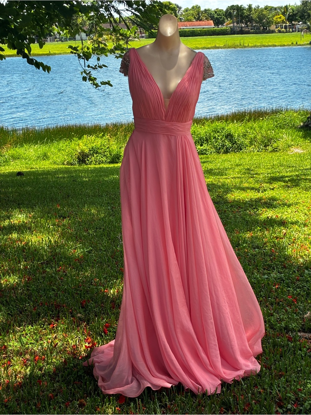 Mac Duggal Coral Pink V-Neck Maxi Gown